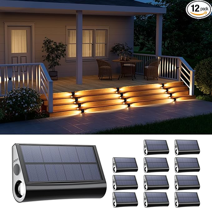 12 Pack Solar Powered Stair Lights Outdoor Waterproof Warm White Lamp for Deck Step Safety Outside Decorative LED for BackYard Porch Step Walkway Garden Pool Easy Installation &amp Enhanced Ambi