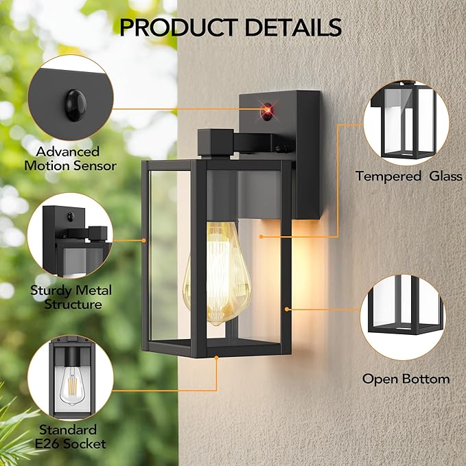 Motion Sensor Outdoor Wall Lights Dusk to Dawn Outdoor Porch Lights For House 2 Pack Exterior Lighting Fixtures with E26 Sockets Black Wall Mounted Waterproof Outside Lanterns For Garage Entryway