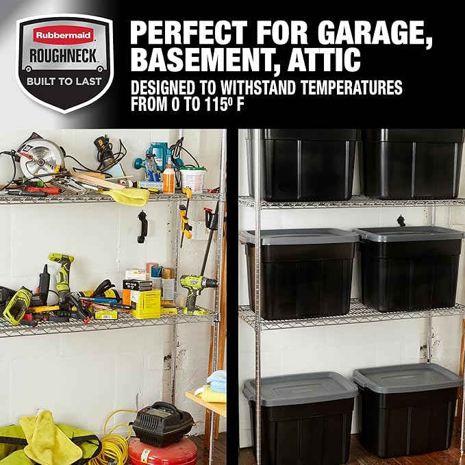 Rubbermaid 18 GAL 6 Pack Garage Storage Bins with Stackable Lid Heavy Duty - Made in USA - Extreme Temperature Resistant Durable Plastic Containers with Handles - Solid Black and Grey