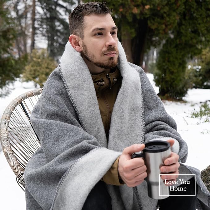 LYHome Merino Wool Blanket - Outdoor Camping and Hiking Throw Extra Warm Army Military &amp Hunting Blankets for Cold Weather Warmest Plaid Sheep Wool (51 x 67 in | Gray - Light Gray Double-Sided)