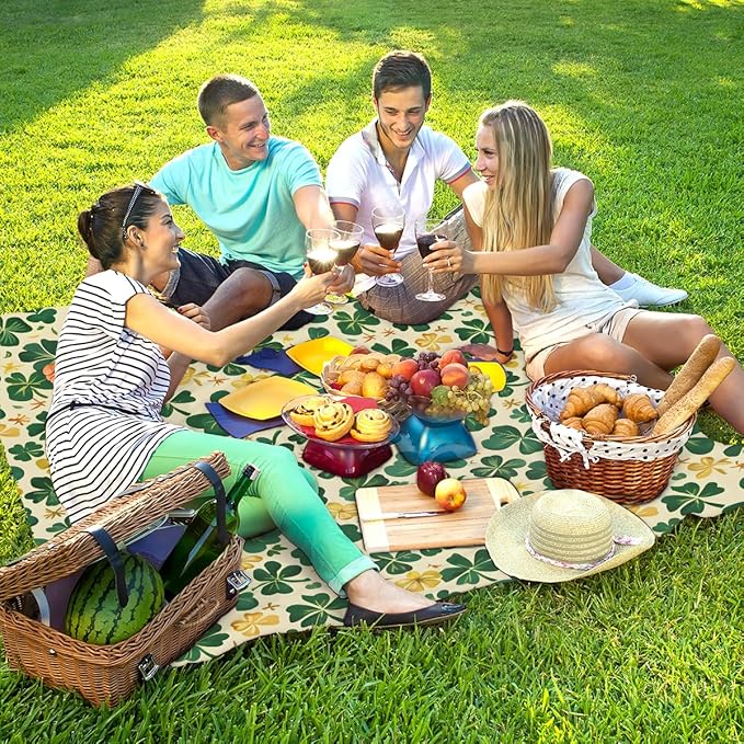 Waterproof Sandproof Beach Blanket 59''×68'' Plants Clover Polyester Outdoor Picnic Blanket with 4 Stakes &amp Storage Bag for BeachCampingVacation Yellow and Green
