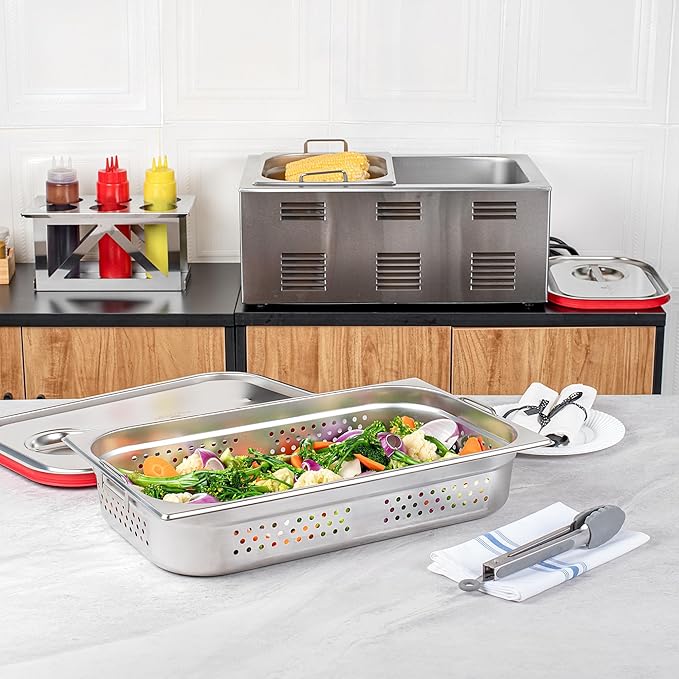 Restaurantware Perforated Steam Table Pan - Full Size - 4 Deep - Collapsible Handles - Anti Jam - Commercial Grade Stainless Steel - 1ct Box - Met Lux