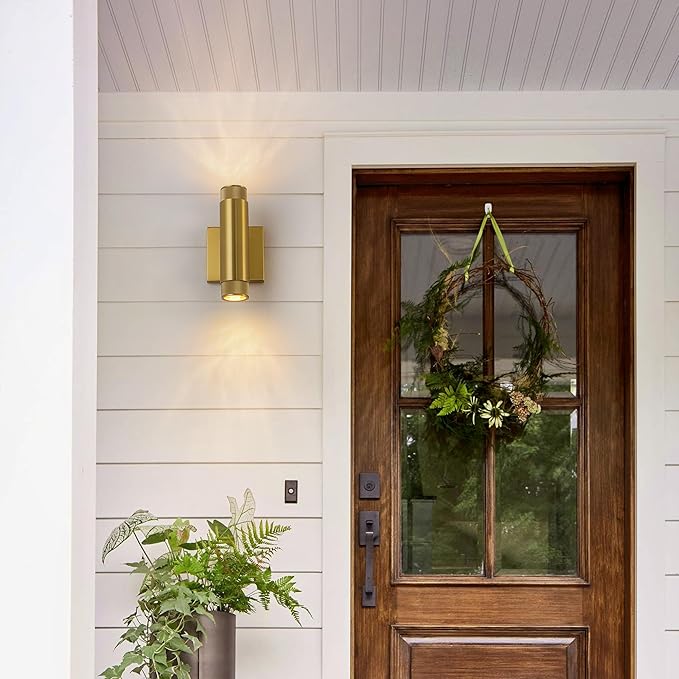 9 Inch Modern Outdoor Wall Light Waterproof Gold Up and Down Exterior Wall Sconce 2-Light Porch Light Fixture for Patio Garage Front Door