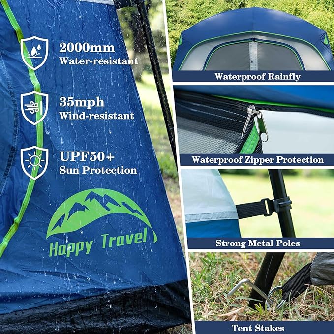 Happy Travel Tent 6 Person Tents for Camping Waterproof Easy Setup Camping Tent with Rainfly Portable Large Family Cabin Tent with 5 Large Mesh Windows and Carry Bag for Outdoor Camping &amp Hiking
