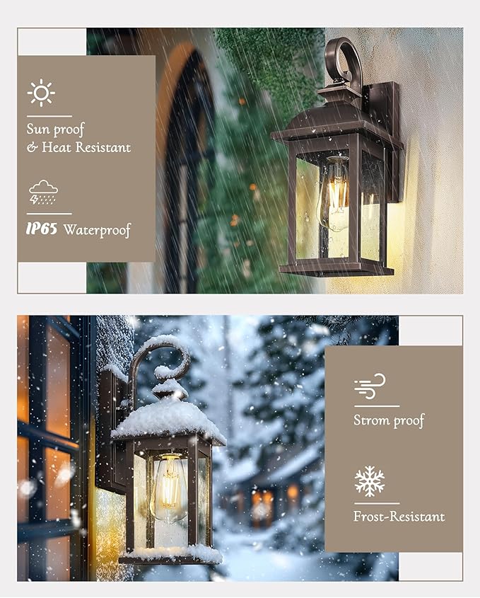 FEMILA 2-Pack Outdoor Wall Sconce Lights Oil Rubbed Bronze 15 Exterior Outdoor Light Fixtures Wall Mount with Seeded Glass for Front Porch Patio Garage 4FD54B-2PK ORB