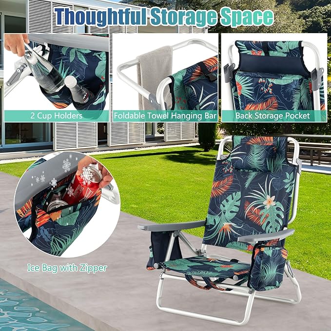 GYMAX Beach Chairs Backpack Camping Chair with Armrest Cooler Bag Cup Holder Towel Bar &amp Side Pockets Sunbath Sling Tanning Lounge Folding Layout Chair (Without Table Flower)