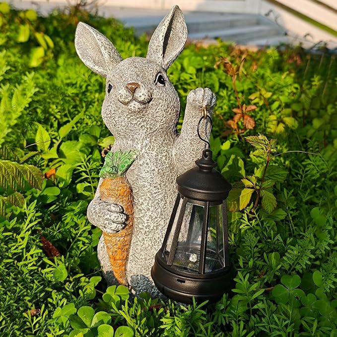 Garden Statues Rabbit Solar Lantern Outdoor Handmade Resin Statue Bunny with Cute Carrot for Patio YardMother's Day Gift Ideas (rabbit1)