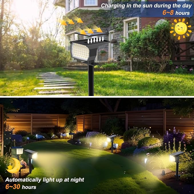 Solar Spot Lights Outdoor Waterproof IP65 12 Pack Landscape Spotlights with 46 LEDs 3 Modes Auto On/Off Solar Powered Flood Lights for Outside Pathway Yard Garden Walkway (Warm White)