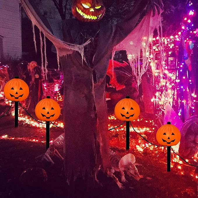 SUNSGNE Halloween Pathway Lights Outdoor Set of 4 Halloween Pumpkin Stake Lights Connectable Jack-O-Lantern Walkway Light for Holiday Garden Party Driveway Lawn Lighting Decor