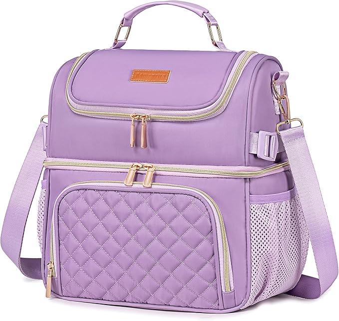 Lunch Bags for Women Dual Compartment Lunch Box Lunch Bag for Work Leakproof Lunch Cooler Large Insulated Lunchbox for Adult for Women Men Lunchbag for Picnic Beach (Purple)