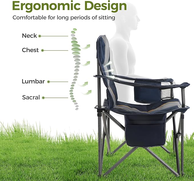 ALPHA CAMP Heavy Duty Camping Chair 500LBS Capacity Oversized Folding Chair for Heavy People Padded Portable Outdoor Chair with Cooler Bag &amp Cup Holder for Camping Fishing Beach