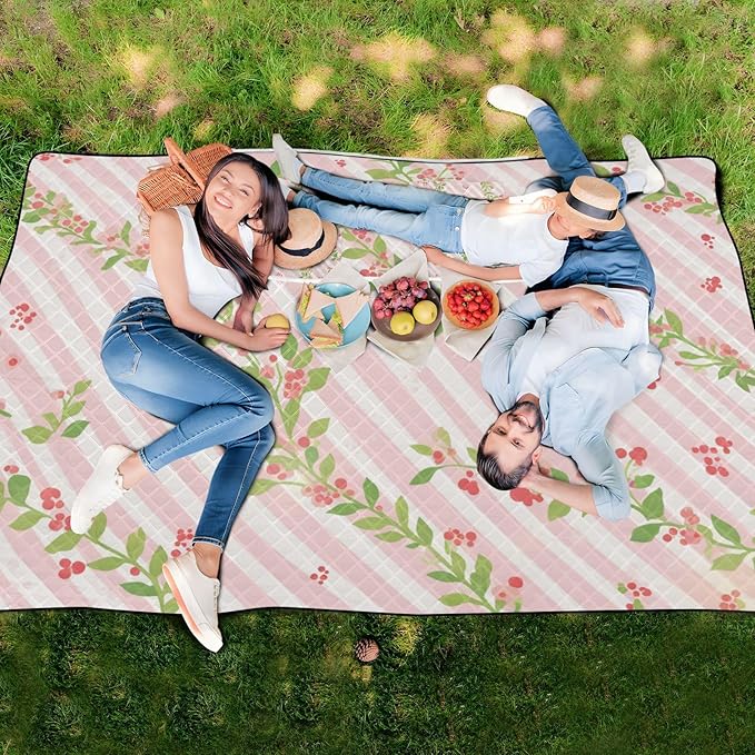 KLL Pink Green Stripe Pattern with Flowers Waterproof Beach Mat Cute Picnic Picnic Accessories Outdoor for 8 To 10 Adults Summer Gift cojines para picnic