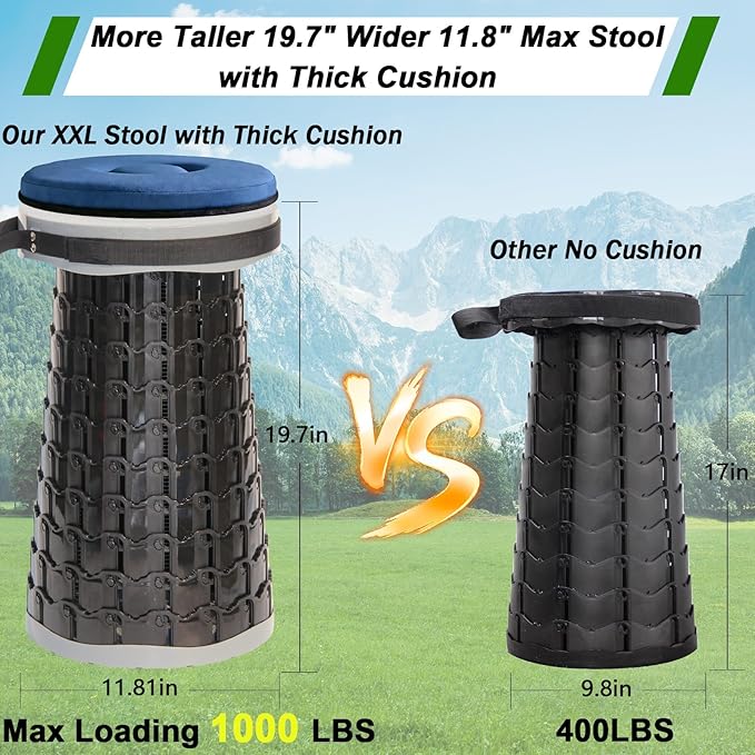 2026 Upgraded XXL Collapsible Stool with Thick Cushion19.7H-11.8D Telescoping Folding Stool for Adults More Sturdy Camping Stools with Load Capacity 1000lbs for OutdoorGardenFishingHiking