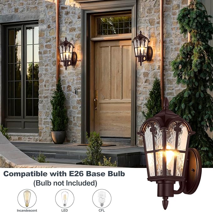 Sucolite Outdoor Wall Light Fixtures Brown Exterior Waterproof Porch Lights Wall Lanterns Vintage Outside Wall Sconces with Water Ripple Glass for House Front Door Garage 2 Pack