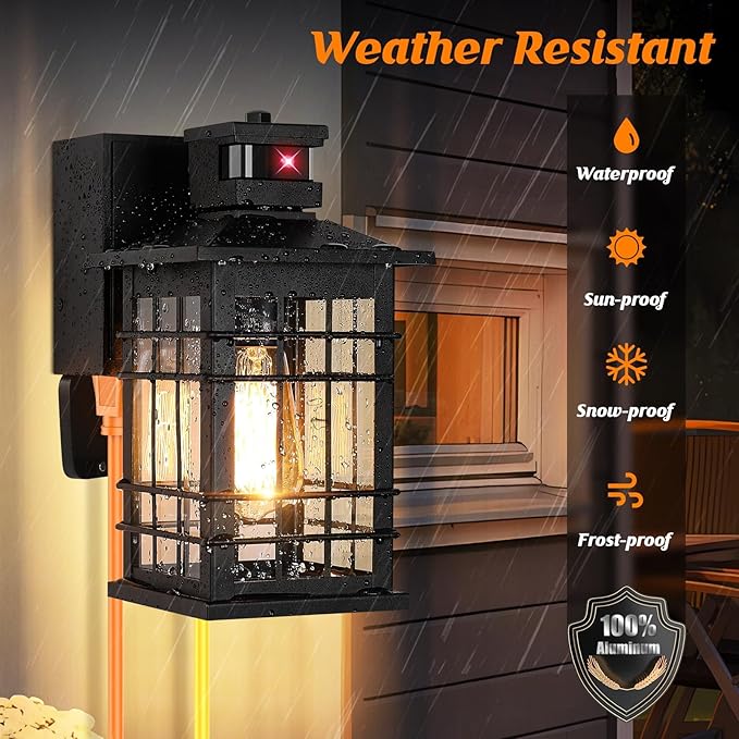 Motion Sensor Porch Light with GFCI Outlets 11.4'' Dusk to Dawn Outdoor Wall Light Black 3 Modes Front Door Exterior Light Fixture Waterproof Outside Light Wall Mount for House Garage