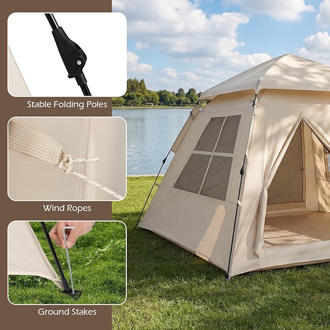 Goplus 4 Person Camping Tent Portable Automatic Easy Setup Cabin Tent with Rainfly Mesh Windows 2 Doors &amp Carrying Bag Lightweight Outdoor Sun Shelter for Hiking Traveling Picnic