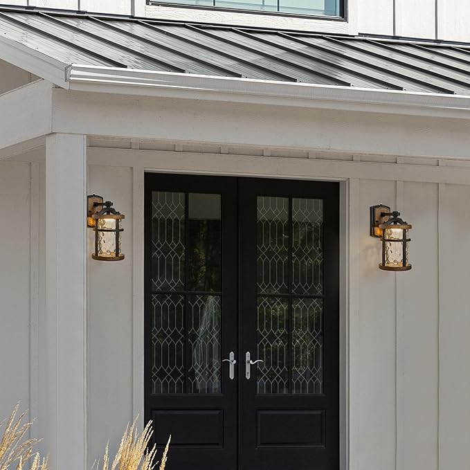 Maxxima LED Outdoor Wall Light Black w/Wood Grain Style Finish Clear Hammered Glass 800 Lumens 3000K Warm White Dusk to Dawn Sensor Farmhouse Wall Mount Sconce Rustic Coach Lantern