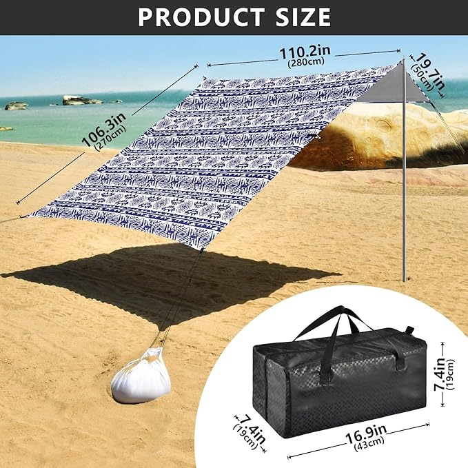 ALAZA Blue Ornament Aztec Art Beach Tent Sun Shelter UPF50+ Protection Beach Shade Canopy w/ 4 Sandbags for Outdoor Camping Fishing Backyard Fun Picnic 10x9 ft