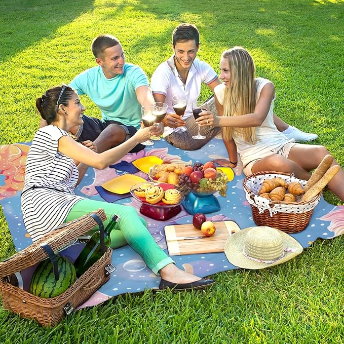 Waterproof Sandproof Beach Blanket 59''×68'' Hippocampus Polyester Outdoor Picnic Blanket with 4 Stakes &amp Storage Bag for BeachCampingVacation Blue