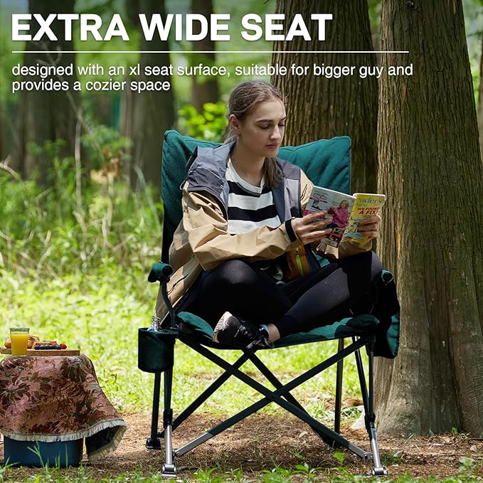 EVER ADVANCED Padded Oversized Folding Camping Chair for Adults Heavy Duty Lawn Chair with Side Pockets Portable Collapsible Quad Chair for Outside Support Up to 500lbs Green