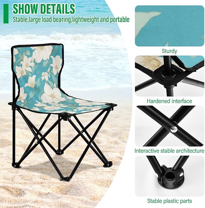 KLL Chic White Clematis Flowers Teal Background Folding Camping Chairs Lightweight Folding Backpack Chair Carry Bag Included Ice Fishing Chairs for Traveling Camping
