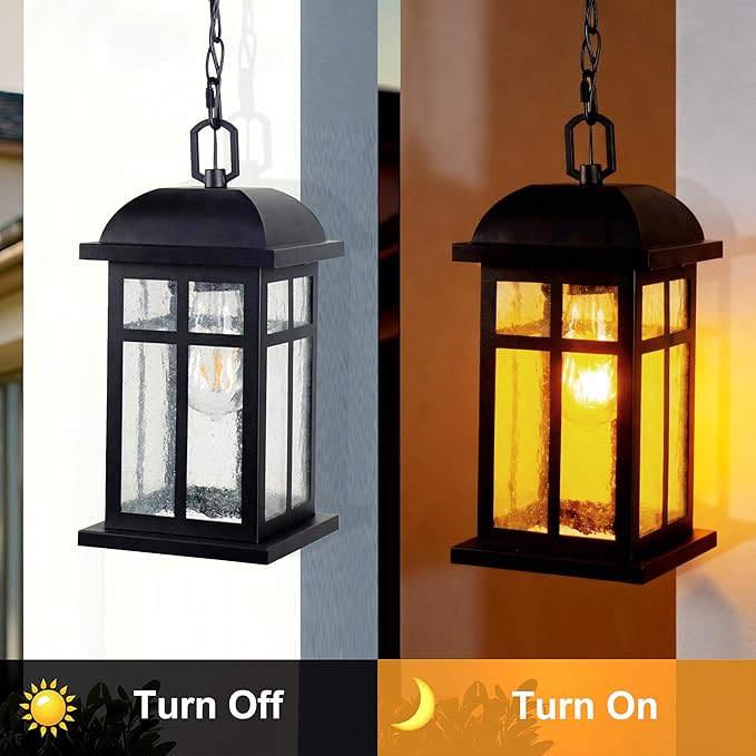 Outdoor Pendant Light for Porch Farmhouse Exterior Pendant Lantern Matte Black Outside Modern Hanging Porch Light with Seeded Glass for Door Patio Entryway Gazebo Breezeway Pergolas Yard