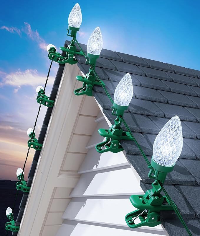 Brightown C9 LED Christmas Lights Outdoor 99 Feet 150 LED C9 String Light with 150 Spring Clips Waterproof Connectable Christmas Tree Lights for Outside Roofline Patio Home Xmas Decor Pure White