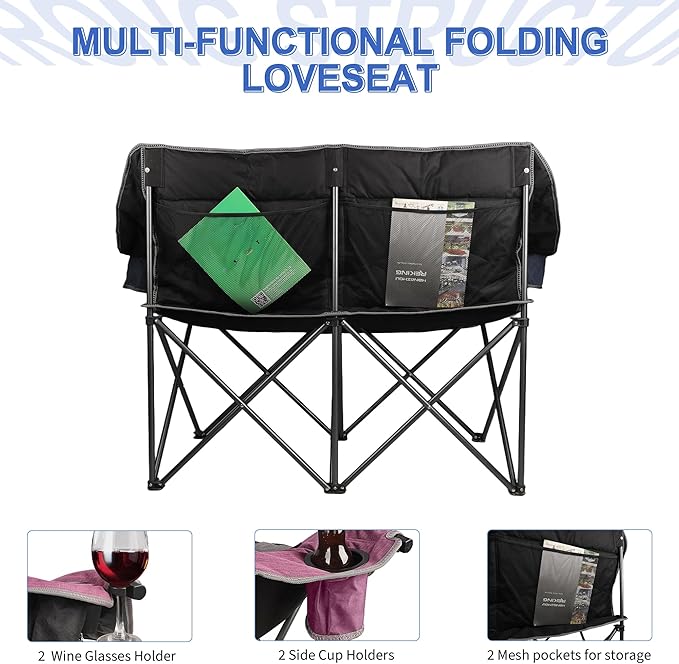 Oversized Double Camping Chair-Heavy Duty 2 Person Folding Loveseat Camp Couch for AdultsPortable Outdoor Lawn Chairs with Padded Seat for FishingSports and PatioSupports 500 LBSPurple