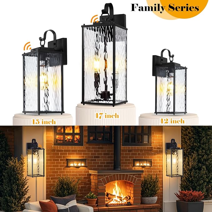 2-Pack Dusk to Dawn Outdoor Lighting with Water Ripple Glass IP65 Waterproof Matte Black Front Porch Lights Photocell Sensor Exterior Light Fixtures Outdoor Wall Sconces Coach Lights