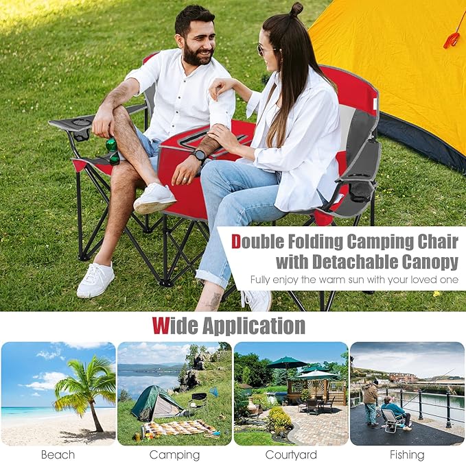 Tangkula Loveseat Camping Chair with Adjustable Shade Canopy Portable Beach Chair with Cooler Bag 2 Cup Holders Carrying Bag Foldable Double Lawn Chair for Travel Fishing Picnic (Red)