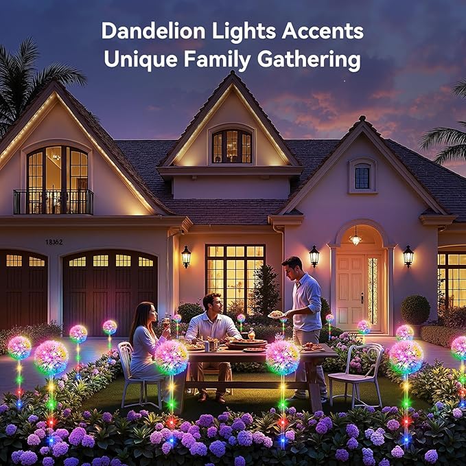 Solar Garden Lights Outdoor Decor: 4 Pack Dandelion Solar Flower Lights 2 Modes 16 LED Colored Solar Lights for Outside Waterproof Decorative Flowers for Yard Patio Gifts for Women Mom