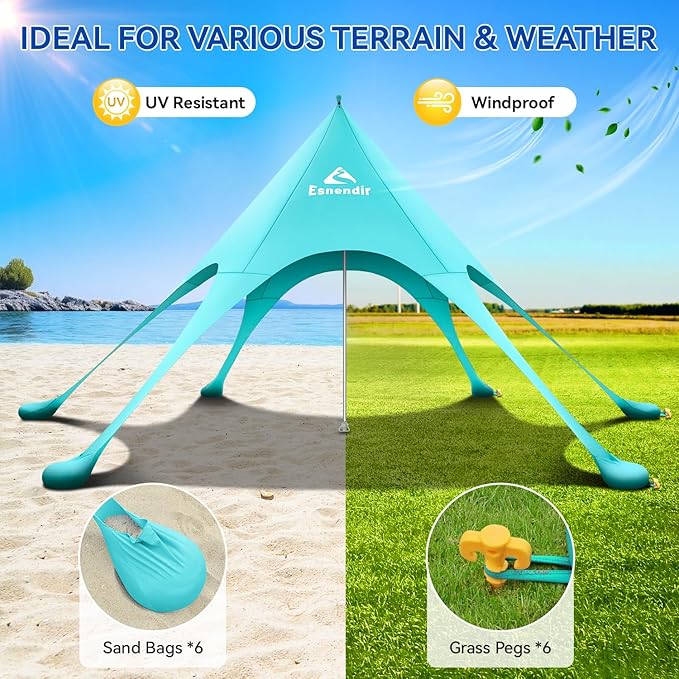 Beach Tent Sun Shelter &amp Portable Beach Canopy UPF 80+ UV Protection Beach Shade Canopy with 6 Sandbags Sand Shovel Ground Pegs for Outdoor Camping Picnics (12x12ft Turquoise)