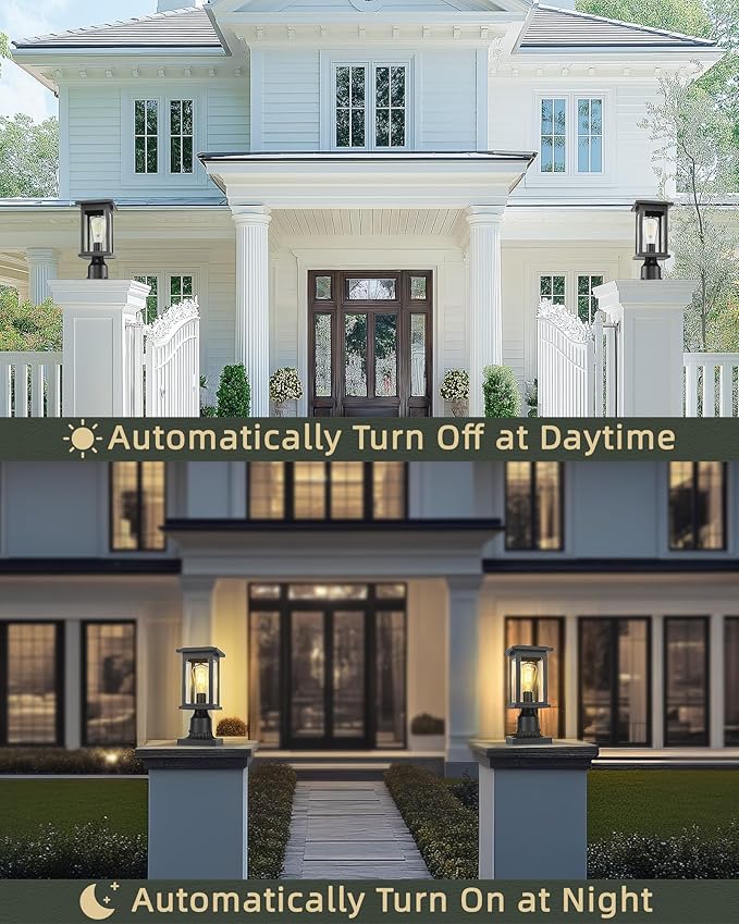 Dusk to Dawn Outdoor Post Lamp HWH 12.2 Inch Exterior Pole Lantern with Photocell Sensor Lamp Post Light with Clear Glass 5HD37P PC BK