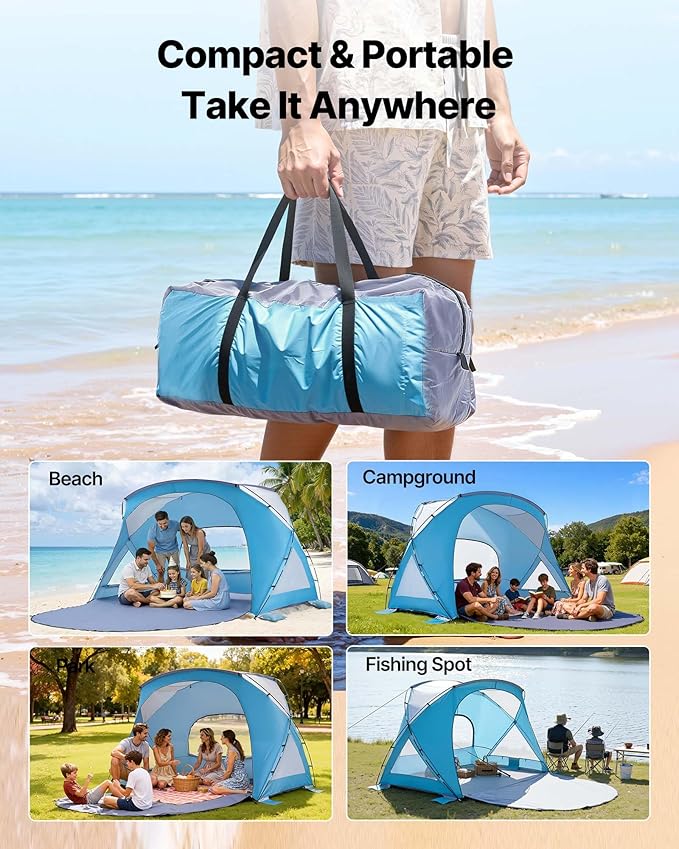 VEVOR Beach Tent Sun Shelter for 6 Person UPF 50+ Portable Sun Shade Beach with Carrying Bag &amp Sand Pockets Lightweight and Easy Setup Beach Umbrella for Family Camping Outdoor Picnic