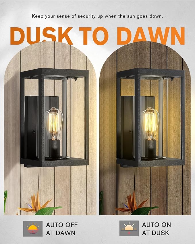 Beionxii Dusk to Dawn Outdoor Wall Lights Modern Exterior Wall Sconces Porch Lantern Black Cast Aluminum w/Clear Cylinder Glass - A291W-2PK