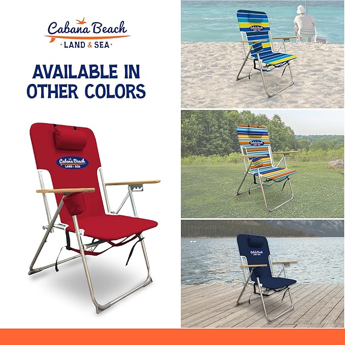 Cabana Beach Folding Beach Chair 4 Position Portable Backpack Foldable Camping Accessories with Headrest Cup Holder and Wooden Armrests Tango Red
