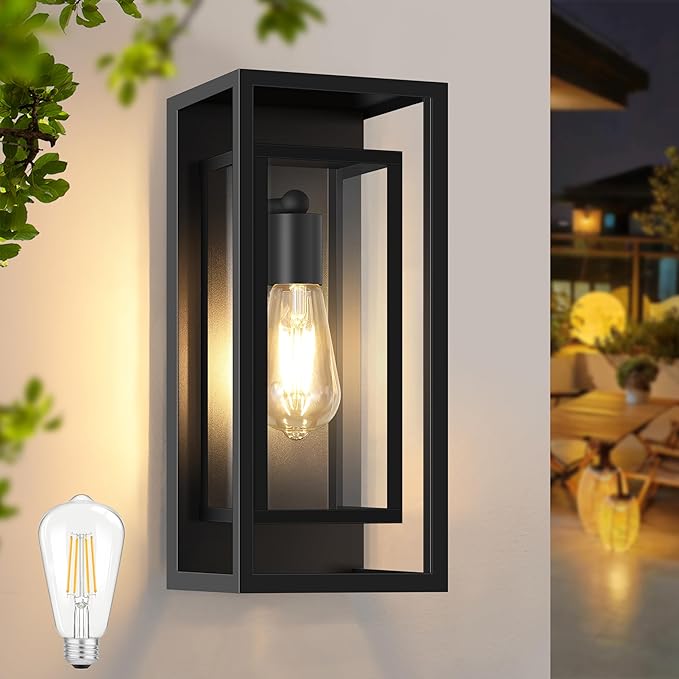 Outdoor Wall Light Fixtures Waterproof Black Exterior Sconce Porch Lights with Glass Shade Modern Outdoor Light Fixtures Wall Mount for Garage Front Door Patio Entryway 1-Pack