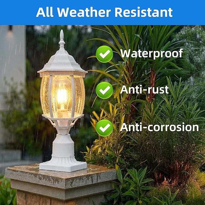 2 Pack White Outdoor Lamp Post for Patio Pathway 17inch White Outdoor Post Light Fixture for House Pier Mount Outside Lighting Exterior Pole Lamp 17” Coach Light