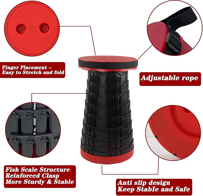 2pcs Folding Stool Collapsible Stool for Adults Portable Stools Foldable Sturdy Versatile Telescoping Ideal for Camping Fishing Hiking BBQ and Outdoor Adventure (Holds up to 440lbs Red)