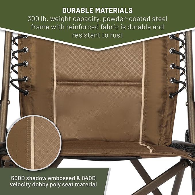 Timber Ridge Bungee Folding Camping Chairs for Adults Heavy Duty Collapsible Padded Chair with Armrests Cup Holder Foldable Outdoor Lounge Chairs for Fishing Lawn Supports 300 lbs Earth Brown