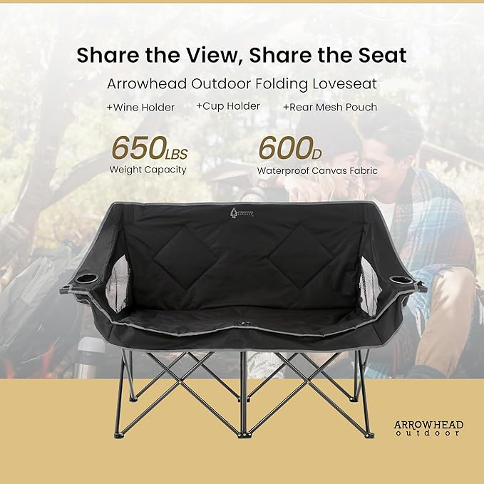 ARROWHEAD OUTDOOR 2-Pack Portable Folding Double Duo Camping Chair Loveseat w/ 2 Cup &amp Wine Glass Holder Carrying Bag Supports up to 500lbs