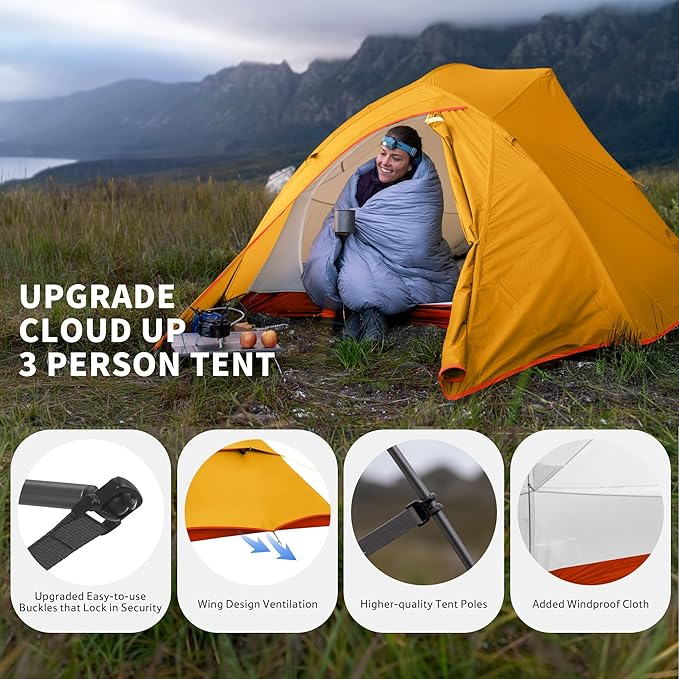 Naturehike Cloud Up 3 Person Backpacking Tent with Footprint - 3 Season Free Standing Lightweight 3 Person Camping Tent | with Footprint Free Standing Dome Camping Hiking Waterproof