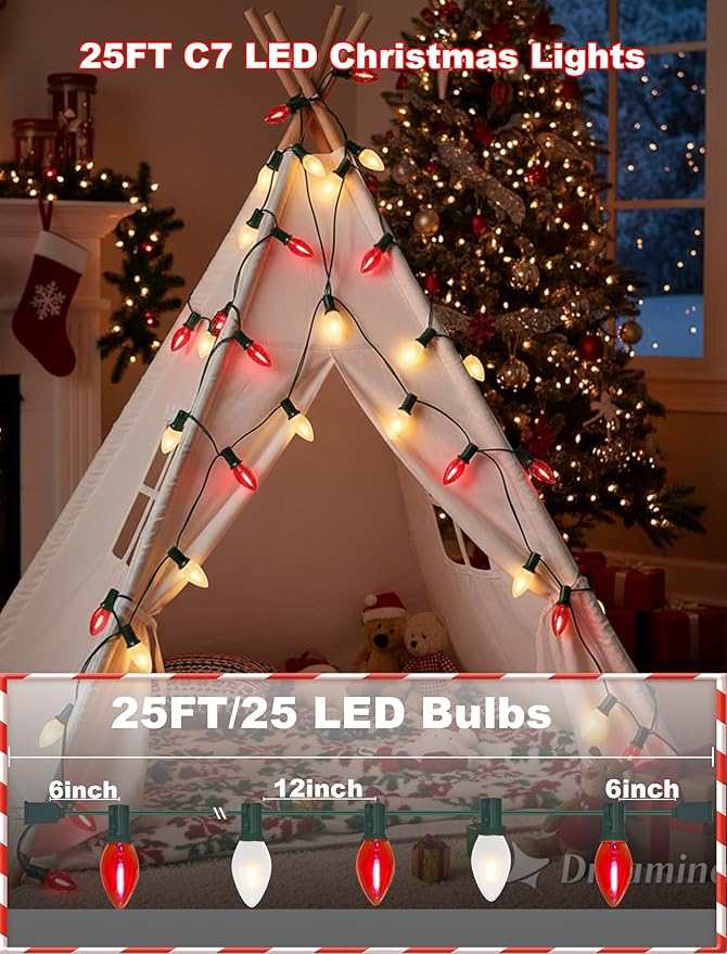 Red and White Christmas Lights Outdoor25ft C7 LED Christmas Lights with 27 Transparent Red and Frosted White BulbsConnectable Vintage Light for Patio Xmas Garden Party Holiday Decor
