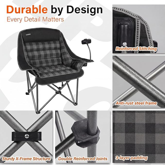 Oversized Camping Chairs for Adults- Heavy Duty Extra Large Lawn ChairFolding Comfy Padded Camp Chair for Outdoor Sports Garden Beach FishingWide&ampThickBlack Plaid