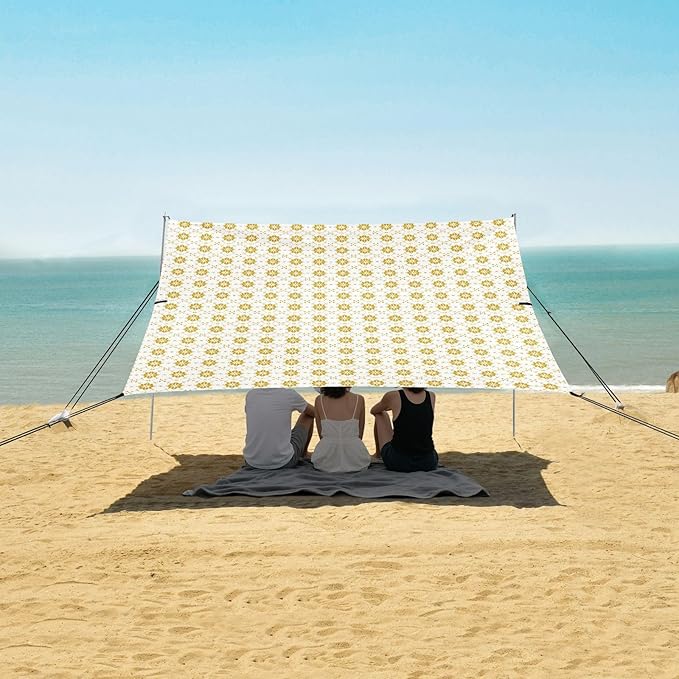 ALAZA Gold Geometric Flowers Floral Beach Tent Sun Shelter UPF50+ Protection Beach Shade Canopy w/ 4 Sandbags for Outdoor Camping Fishing Backyard Fun Picnic 10x9 ft