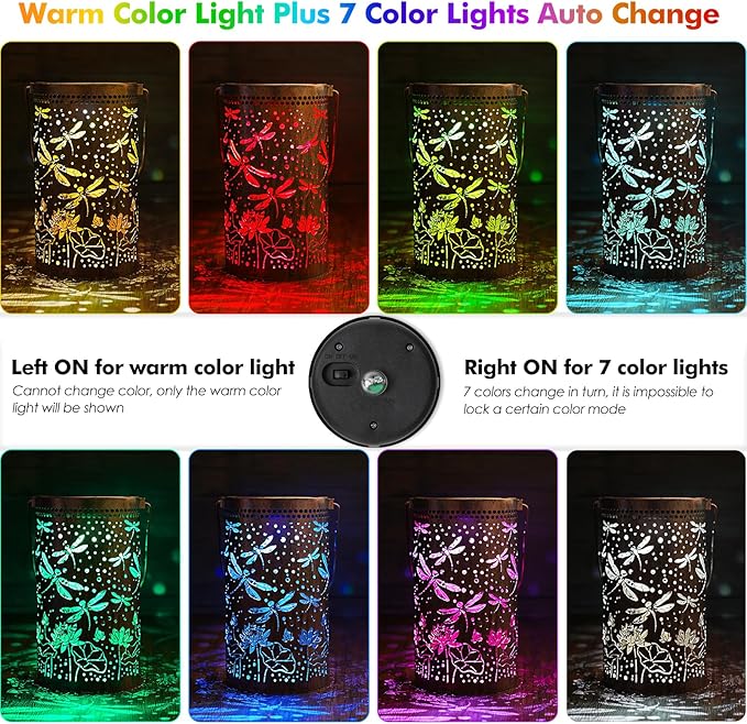 Fabuday Dragonfly Gifts Outdoor Solar Lantern Waterproof - Hanging Solar Power 8 Color Light Led for Outside Garden Decor for Patio Porch Balcony Yard and Deck Gardening Gifts for Women 2 Pack