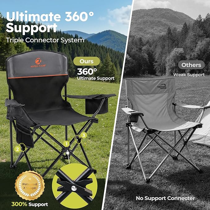 ALPHA CAMP Camping Chair 2 Pack Portable Chair with 3-Can Cooler Folding Chair with Side Pocket and Cup Holder Collapsible for Camping Tailgates Beach Fishing and Sports2PC