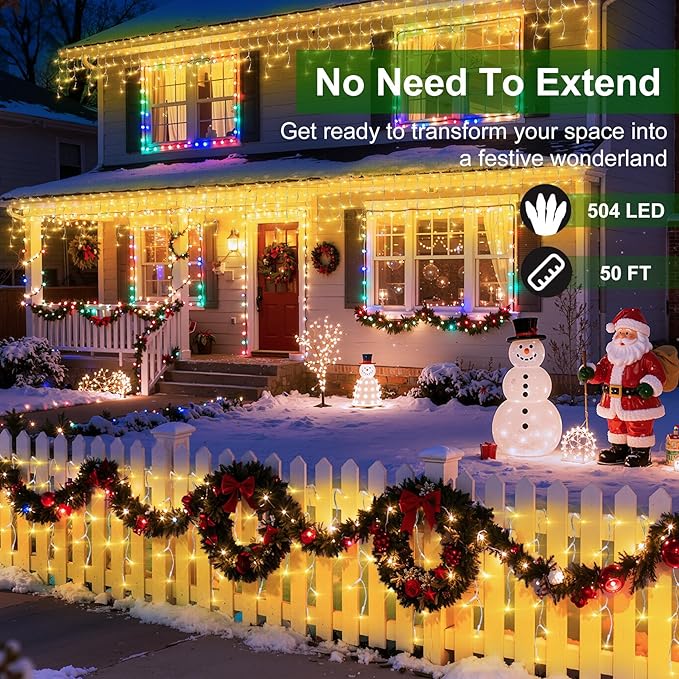 504 LED Christmas Lights with 112Drops 50ft 12 Modes Warm White Fairy String Lights with Timer Dimmable Waterproof Twinkle Lights for Indoor Outdoor Holiday Wedding Party Eaves Yard Christmas Decor