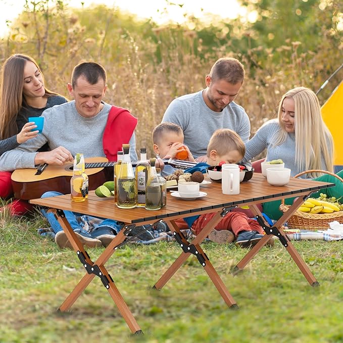 COSTWAY Folding Picnic Table Roll-Up Aluminum Camping Table with Wood Grain Portable Low Height Beach Table with Carry Bag for Camping Picnic BBQ &amp Hiking Easy Assembly Natural (47” x 23” x