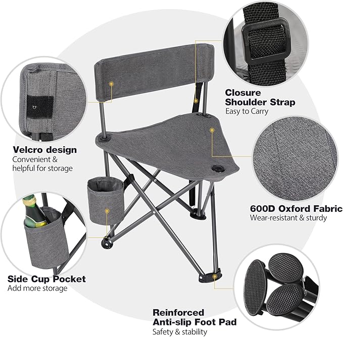 REDCAMP 2 Pack Tripod Camping Chairs Folding Lightweight Portbal 3 Legged Tripod Stool Seat with Cup Holders Small Fishing Chairs Compact for Adults Golf HuntingDark Grey